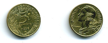 ФРАНЦИЯ 5 САНТИМОВ 1998 ТИП MARIANNE KM 933 медь алюминий никель 46-327