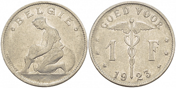 Бельгия 1 франк 1923 Belgie, Альберт I (1909-1934) KM 90 никель 51-357