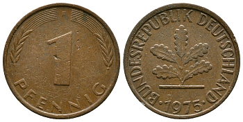 ФРГ 1 ПФЕННИГ 1975 F KM 105, J.380 сталь плакированная медью 179-1029