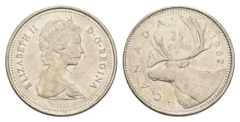 Канада 25 центов 1982 Елизавета II (1952-2022), олень, редкий год KM 74 никель 4631-631