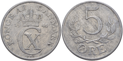 ДАНИЯ 5 ЭРЕ 1941 N ; S, КРИСТИАН X (1912-1947) KM 834 алюминий 97-1142
