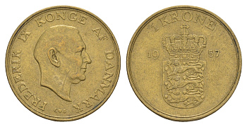 Дания 1 крона 1957 C, Фредерик IX (1947-1972) KM 837 алюминиевая бронза 4657-354