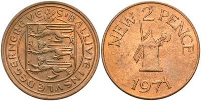 Гернси 2 пенса 1971 Елизавета II (1952-2022), ветряная мельница KM 22 бронза aUNC 4153-715