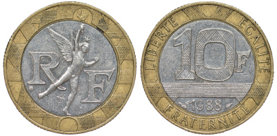 Франция 10 франков 1988 тип гений Бастилии KM 964.1, Le Franc 375.2 биметалл 45-512