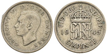 Великобритания 6 пенсов 1945 Георг VI (1936-1952) KM 852, Spink 4084 серебро 4609-1119
