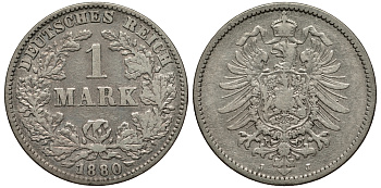 Германия 1 марка 1880 J Weege 17, J. 9, KM 7 серебро 413-4922