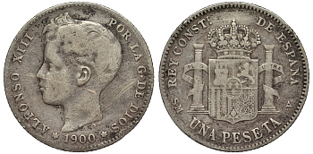 Испания 1 песета 1900 (00) SM-V, АЛЬФОНСО XIII (1886-1931) KM 706 (Y88) серебро 4566-633
