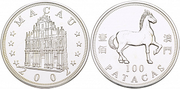 Макао 100 патака 2002 лунный календарь, год лошади KM 107 серебро UNC 1085-9-22