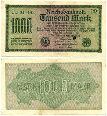 ГЕРМАНИЯ 1000 МАРОК 1922 15 СЕНТЯБРЯ 1922, ВОДЯНОЙ ЗНАК G, БЕЛАЯ БУМАГА Pick 76е бумага 7147-27-1