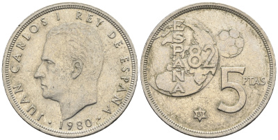 Испания 5 песет 1980 (81), Хуан Карлос I (1975-2014), чемпионат мира по футболу, Испания 1982 KM 817 медно-никель 85-747