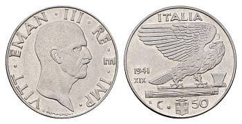 Италия 50 чентезимо 1941 R, Виктор Эммануил III (1900-1946) KM 76b нержавеющая сталь 3996-956