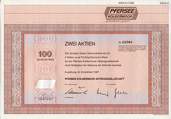 ФРГ 100 марок 1987 Пферзее Кольбермур АГ, Аугсбург, 2 акции   бумага 8803-124-1