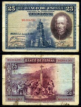 Испания 25 песет 1928 серия, Пьедро Кальдерон де ла Барка Pick 74b бумага 7203-54-1-2