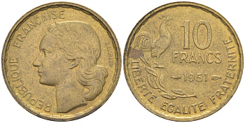 Франция 10 франков 1951 петух KM 915.1, Le Franc 363.4 алюминиевая бронза 4551-654