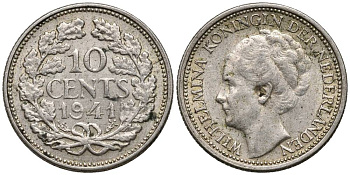 Нидерланды 10 центов 1941 Вильгельмина I (1890-1948) КМ 163 серебро 4549-1053