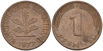 ФРГ 1 ПФЕННИГ 1977 J KM 105, J.380 сталь плакированная медью 4567-864