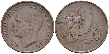 Италия 10 чентезимо 1921 R, пчела, Виктор Эммануил III (1900-1946) KM 60 медь 4591-954