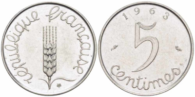 ФРАНЦИЯ 5 САНТИМОВ 1963 ПЯТАЯ РЕСПУБЛИКА KM 927, LE FRANC 124.5 хромированная сталь 105-429