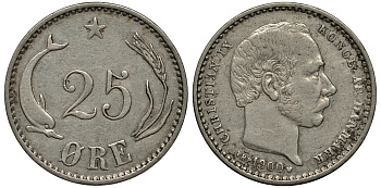 Дания 25 эре 1900 VBP, Кристиан IX (1863-1906) KM 796.2 серебро 100-734