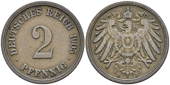 ГЕРМАНИЯ 2 ПФЕННИГА 1905 F KM 16, Jager 11, Weege 4 медь 4546-627