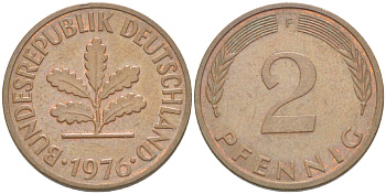 ФРГ 2 ПФЕННИГА 1976 F KM 106а, J. 381а сталь плакированная сталь плакированная медьюю 4181-821