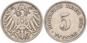 ГЕРМАНИЯ 5 ПФЕННИГОВ 1906 D, KM 11, J. 12 медно-никель 73-1764