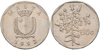 Мальта 50 центов 1992 девясил KM 98 медно-никель 183-1234