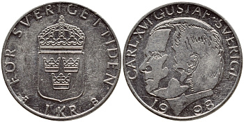 Швеция 1 крона 1998 Карл XVI Густав (1973- ) KM 852a медно-никель 4382-1256