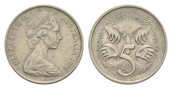 Австралия 5 центов 1976 королева Елизавета II (1952-2022), ехидна KM 64 медно-никель 4632-136