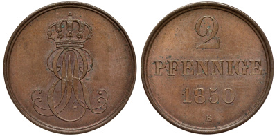Ганновер 2 пфеннига 1850 B, Эрнст Август (1837-1851) KM 202.1, AKS 124, J. 75 медь aUNC 75-1945
