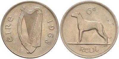 Ирландия 6 пенсов 1968 собака, ирландский волкодав KM 13а медно-никель UNC 4582-243
