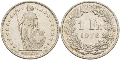ШВЕЙЦАРИЯ 1 ФРАНК 1978 KM 24а.1 медно-никель 87-535