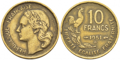 Франция 10 франков 1951 B, петух KM 915.2, Le Franc 363.5 алюминиевая бронза 112-836