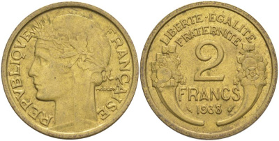 Франция 2 франка 1938 тип Морлон KM 886, Le Franc 268.11 алюминиевая бронза 3460-543