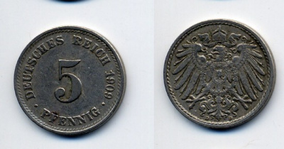 ГЕРМАНИЯ 5 ПФЕННИГОВ 1909 D, KM 11, J. 12 медно-никель 84-357