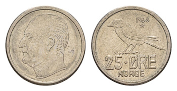 Норвегия 25 эре 1968 Улаф V (1957-1991) KM 407 медно-никель aUNC 4632-1241