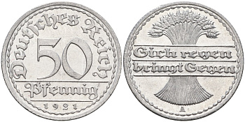 Германия 50 пфеннигов 1921 A KM 27, J.301, Weege 10 алюминий UNC 4584-844