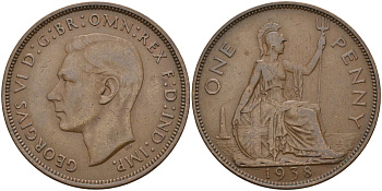 Великобритания 1 пенни 1938 Георг VI (1936-1952) KM 845, Spink 4114 бронза 4149-742