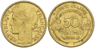 ФРАНЦИЯ 50 САНТИМОВ 1941 ТИП MORLON KM 894.1, LE FRANC 192.18 алюминиевая бронза 44-631