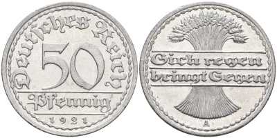 Германия 50 пфеннигов 1921 A KM 27, J.301, Weege 10 алюминий UNC 4584-844