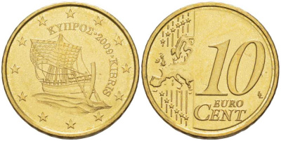 КИПР 10 ЕВРОЦЕНТОВ 2009 ПАРУСНИК KM 81 латунь UNC 99-847