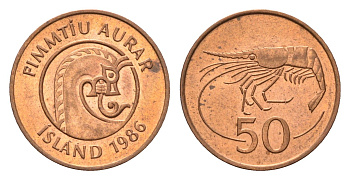 Исландия 50 эйре 1986 креветка KM 26a сталь плакированная бронзой UNC 4690-564