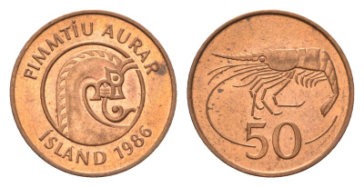 Исландия 50 эйре 1986 креветка KM 26a сталь плакированная бронзой UNC 4690-564