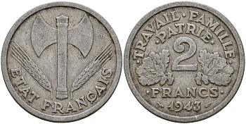 Франция 2 франка 1943 правительство Виши KM 904.1 алюминий 4156-715