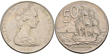 Новая Зеландия 50 центов 1981 Елизавета II (1952-2022), парусник Индевор KM 37.1 медно-никель 4131-1224