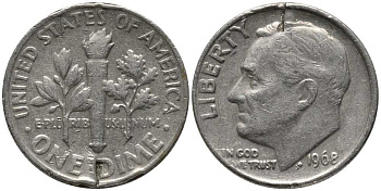 США 10 ЦЕНТОВ = 1 ДАЙМ 1968 РУЗВЕЛЬТ KM 195а медь плакированная медно-никелем 112-654