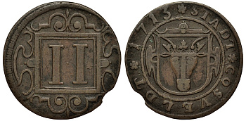 КОЕСФЕЛЬД 2 ПФЕННИГА 1713 KM 5, Holtmann 51, Weingrtner 183 медь 413-3321