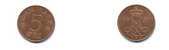 ДАНИЯ 5 ЭРЕ 1979 B; B, МАРГРЕТЕ II (1972-) KM 859.2 железо плакированное медью 4379-758