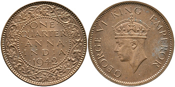 Британская Индия 1/4 анна 1942 Георг VI (1937-1952) KM 531 бронза aUNC 93-544