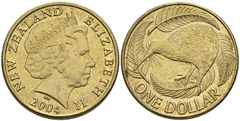 Новая Зеландия 1 доллар 2004 Елизавета II (1952-2022), птица киви  KM 120 алюминиевая бронза 51-2634